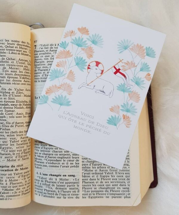 Image signet agneau pascal et papyrus peints à l'aquarelle, pour première communion, fête de Pâques