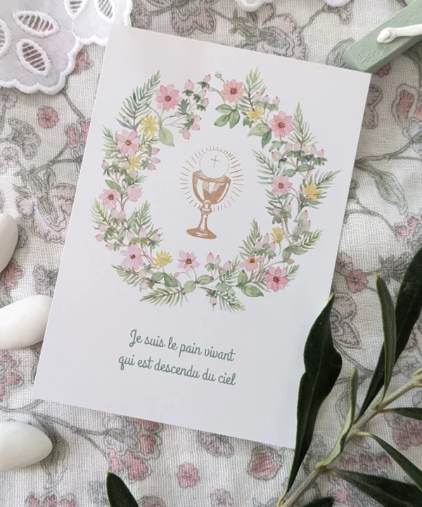 Image signet de première communion avec un calice doré et une couronne de fleurs printanières.