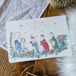 Trois petits enfants venus apporter leurs précieux présents au petit Jésus. Papier texturé blanc, idéal pour l’écriture. 10,5 cm x 14,8 cm Vendue avec enveloppe en papier kraft ou crème selon arrivage.