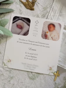 Faire-part carré 14x14 cm sur papier texturé Rives extra blanc 250g