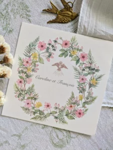 Faire-part carré 14cm x 14cm sur papier Cygne blanc naturel 250g.