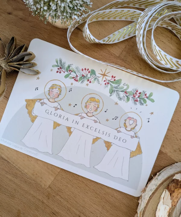 Carte postale d'anges peints à l'aquarelle, qui chantent à Noël.