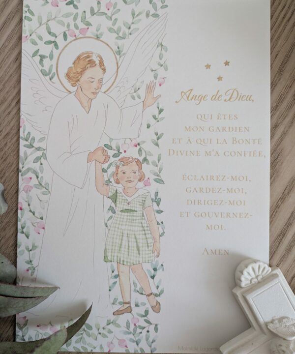 Affiche A5 d'une petite fille tenant la main à son ange gardien, entourés de baies roses et feuillages peints à l'aquarelle.